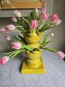 One 3 pcs set Italy hand-crafted Green/yellow pottery tulip vase Aldo Londi