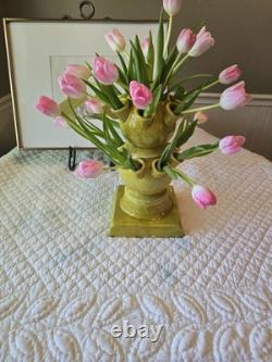 One 3 pcs set Italy hand-crafted Green/yellow pottery tulip vase Aldo Londi