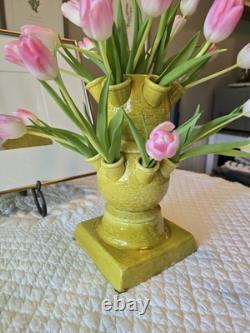 One 3 pcs set Italy hand-crafted Green/yellow pottery tulip vase Aldo Londi