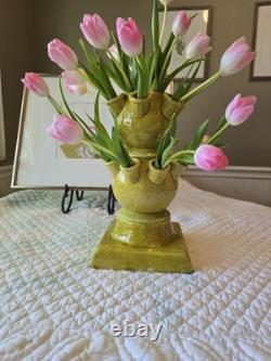 One 3 pcs set Italy hand-crafted Green/yellow pottery tulip vase Aldo Londi