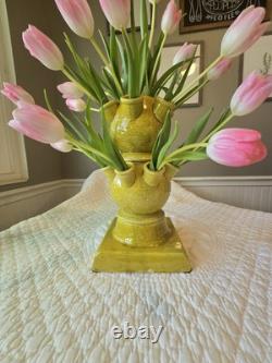 One 3 pcs set Italy hand-crafted Green/yellow pottery tulip vase Aldo Londi