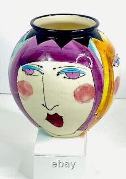 Original Denise Ford Art Studio Ceramic Vase. Signed and Dated. Three Faces