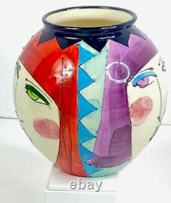 Original Denise Ford Art Studio Ceramic Vase. Signed and Dated. Three Faces