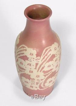 Overbeck Pottery Arts & Crafts carved vase matte pink white Art Deco flowers