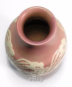 Overbeck Pottery Arts & Crafts carved vase matte pink white Art Deco flowers