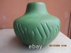 Owens Pottery Arts & Crafts Hand Tooled Matte Green 7 by 8 Vase