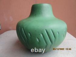 Owens Pottery Arts & Crafts Hand Tooled Matte Green 7 by 8 Vase