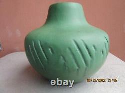 Owens Pottery Arts & Crafts Hand Tooled Matte Green 7 by 8 Vase