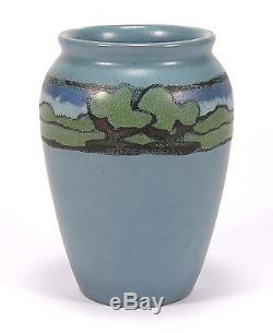 PRP Saturday Evening Girls pottery landscape vase lamp arts & crafts matte blue