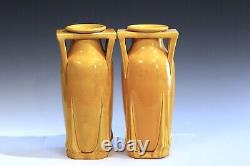 Pair Antique Awaji Pottery Arts & Crafts Yellow Buttress Architectural Vases 12