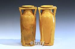 Pair Antique Awaji Pottery Arts & Crafts Yellow Buttress Architectural Vases 12