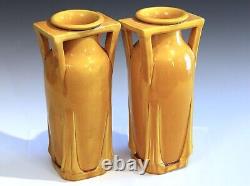 Pair Antique Awaji Pottery Arts & Crafts Yellow Buttress Architectural Vases 12