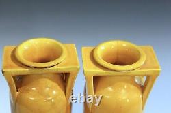 Pair Antique Awaji Pottery Arts & Crafts Yellow Buttress Architectural Vases 12
