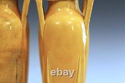 Pair Antique Awaji Pottery Arts & Crafts Yellow Buttress Architectural Vases 12