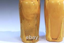 Pair Antique Awaji Pottery Arts & Crafts Yellow Buttress Architectural Vases 12