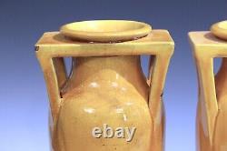 Pair Antique Awaji Pottery Arts & Crafts Yellow Buttress Architectural Vases 12
