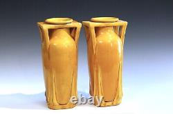 Pair Antique Awaji Pottery Arts & Crafts Yellow Buttress Architectural Vases 12