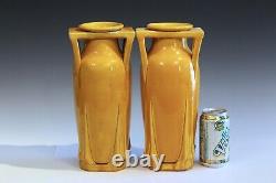 Pair Antique Awaji Pottery Arts & Crafts Yellow Buttress Architectural Vases 12