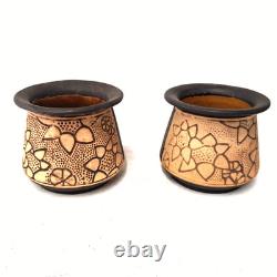 Pair Antique Weller Pottery Burntwood Claywood Carved Arts Crafts Pots c1920