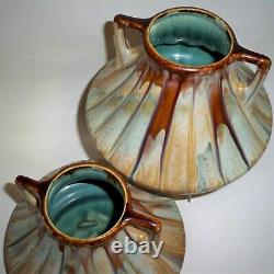 Pair Early Arts & Crafts / Nouveau Belgium Thulin Studio Low Squat Pottery Vase