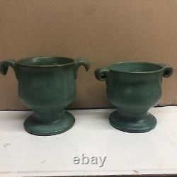 Pair Genuine Bybee Pottery Kentucky matte green Arts & Crafts Handled Vases