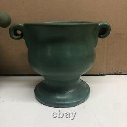 Pair Genuine Bybee Pottery Kentucky matte green Arts & Crafts Handled Vases