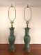 Pair Large Vintage Arts & Crafts Green Art Pottery Table Lamps With Brass