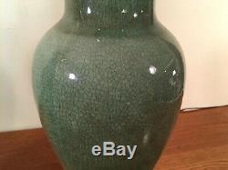 Pair Large Vintage Arts & Crafts Green Art Pottery Table Lamps with Brass