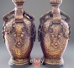 Pair MCM Brutalist Lamps Bronze Pottery Arts & Crafts Unprecedented