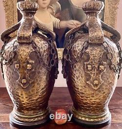 Pair MCM Brutalist Lamps Bronze Pottery Arts & Crafts Unprecedented