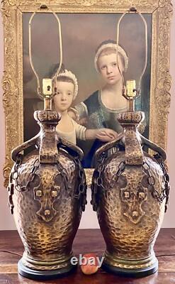 Pair MCM Brutalist Lamps Bronze Pottery Arts & Crafts Unprecedented
