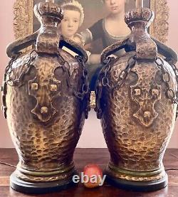 Pair MCM Brutalist Lamps Bronze Pottery Arts & Crafts Unprecedented