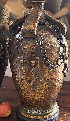 Pair MCM Brutalist Lamps Bronze Pottery Arts & Crafts Unprecedented