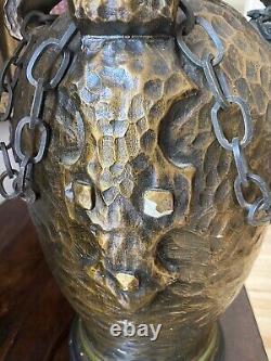 Pair MCM Brutalist Lamps Bronze Pottery Arts & Crafts Unprecedented