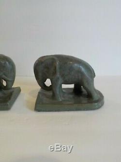Pair Monmouth Pottery Matte Green Elephant Bookends, Arts & Crafts Period