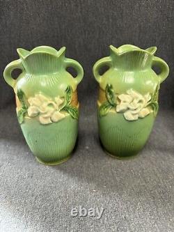 Pair Of Vintage Roseville Gardenia Urn VASES Pair 6 ARTS & CRAFTS Pottery 40's