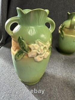 Pair Of Vintage Roseville Gardenia Urn VASES Pair 6 ARTS & CRAFTS Pottery 40's