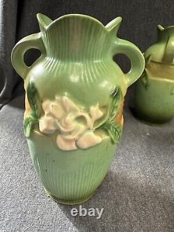 Pair Of Vintage Roseville Gardenia Urn VASES Pair 6 ARTS & CRAFTS Pottery 40's