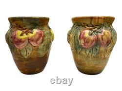 Pair of Weller Ceramic Apple Vases Ohio Art Pottery Baldin Pattern, 1920's
