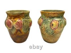 Pair of Weller Ceramic Apple Vases Ohio Art Pottery Baldin Pattern, 1920's