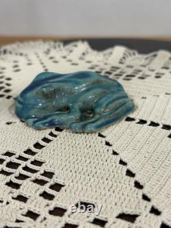 Pewabic Detroit Pottery Mottled Green Blue Frog Figurine Paperweight, Excellent