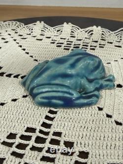 Pewabic Detroit Pottery Mottled Green Blue Frog Figurine Paperweight, Excellent