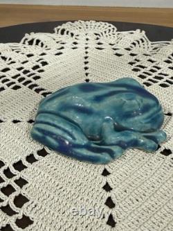 Pewabic Detroit Pottery Mottled Green Blue Frog Figurine Paperweight, Excellent