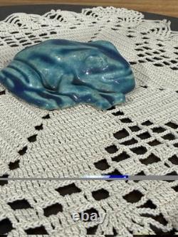 Pewabic Detroit Pottery Mottled Green Blue Frog Figurine Paperweight, Excellent