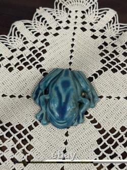 Pewabic Detroit Pottery Mottled Green Blue Frog Figurine Paperweight, Excellent