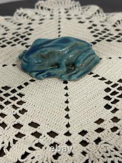 Pewabic Detroit Pottery Mottled Green Blue Frog Figurine Paperweight, Excellent