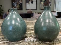 Pewabic Pottery Detroit, TWO 6-1/4 Matching Matte Teal Teardrop Vases, signed