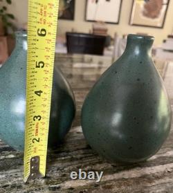 Pewabic Pottery Detroit, TWO 6-1/4 Matching Matte Teal Teardrop Vases, signed