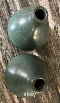 Pewabic Pottery Detroit, TWO 6-1/4 Matching Matte Teal Teardrop Vases, signed