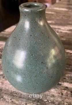 Pewabic Pottery Detroit, TWO 6-1/4 Matching Matte Teal Teardrop Vases, signed